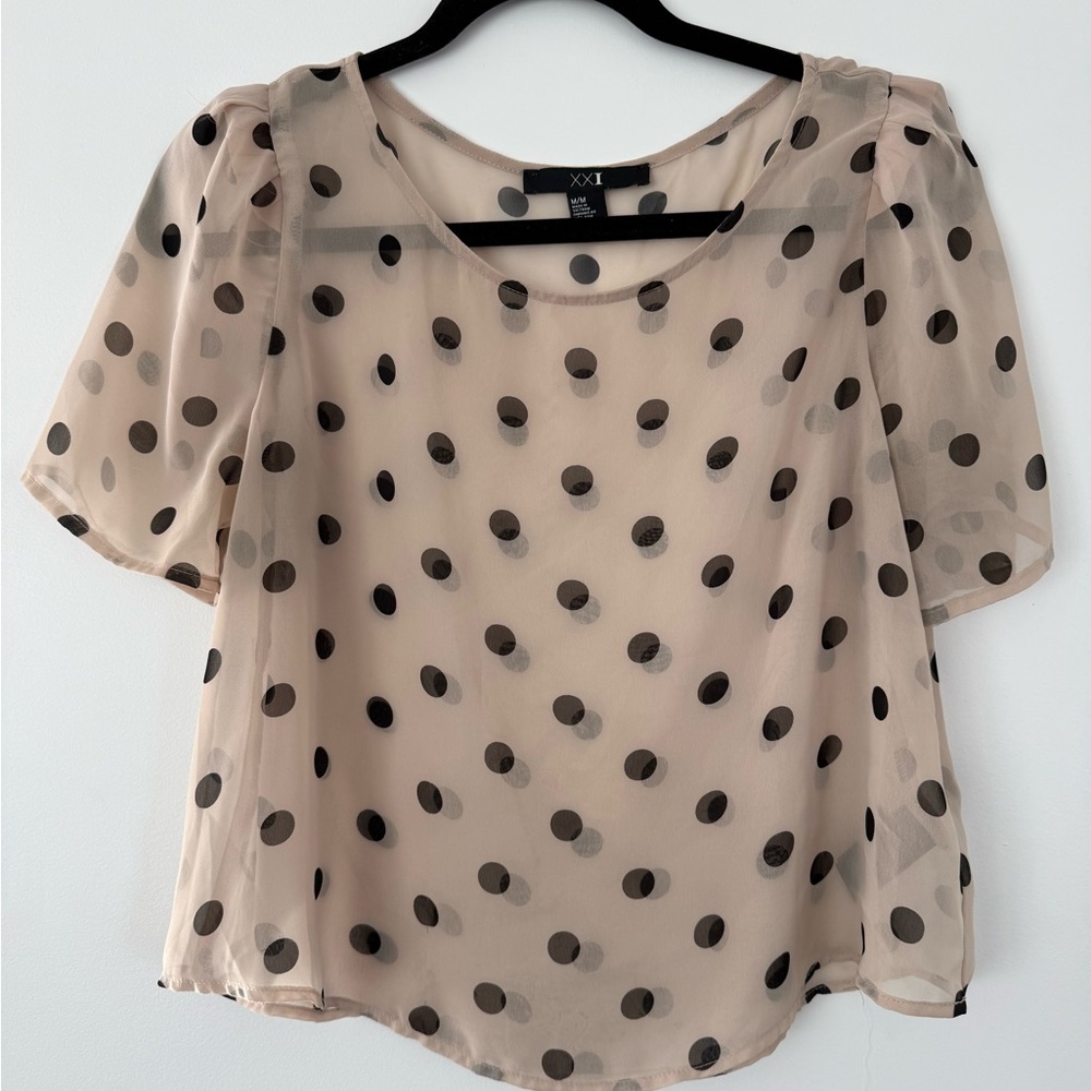 Forever 21 Sheer Beige Blouse with Black Polka Dots